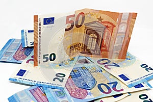 Euro banknotes.Pile of paper euro banknotes.Euro European currency - money.Euro cash background