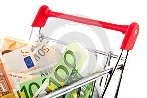 Euro banknotes in shopping cart