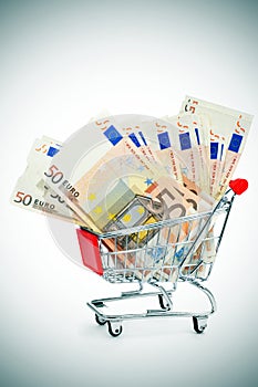 Euro banknotes in a shopping cart