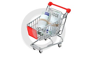 Euro banknotes in a shopping trolley cart