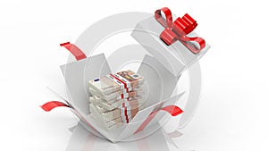 50 euro banknotes stacks in opened giftbox with red ribbon