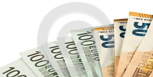 Euro banknotes  on white background of hundred fifty bills. European EU cash