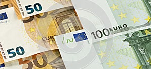 Euro banner background banknotes of hundred fifty bills. European EU cash