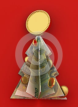 Euro Christmas tree. Money origami. Symbol of New year made from Euro bill with coins. Financial New year and christmas card