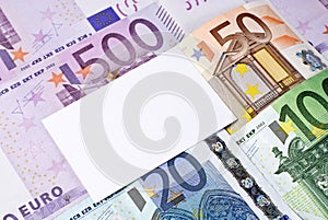 Euro bills and blank business, thank you, or greeting card