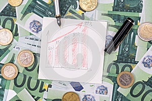 Euro bills and coin with busines chart and pen. business concept