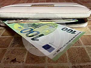 Euro bills of different denominations from the wallet. The concept of money