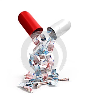 Euro bills fallin from open tablet