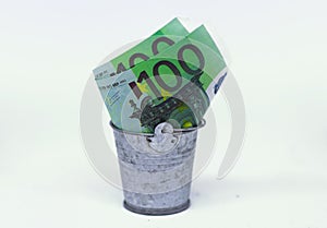 Euro in a bin isolated on white