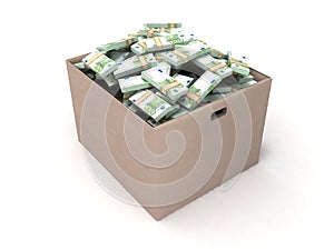 Euro bundles of bills in a box
