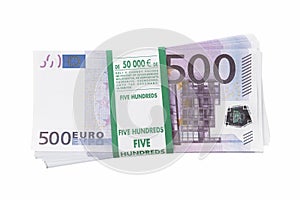 Euro cash in bundles of five hundred banknotes, Euro money Euro on white background