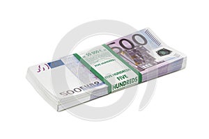 Euro cash in bundles of five hundred banknotes, Euro money Euro on white background