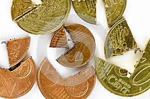 Euro-Cent coins cut into pieces