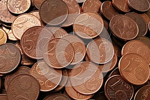 1, 2 and 5 euro cent coins texture background.