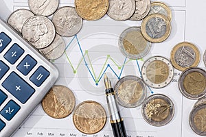 Euro cent and dollar cent on business chart