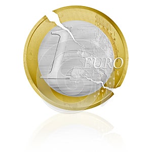 Euro coin with cracks as a crisis symbol