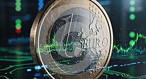 Euro Coin on Digital Financial Data Background