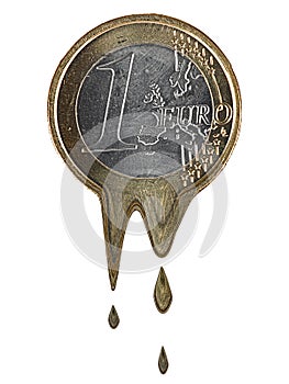 Euro coin dissolving, leaking, concept, over white