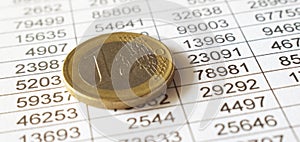 A euro coin in financial documents, business and financial concepts, estimated budgets for saving money and free space retirement
