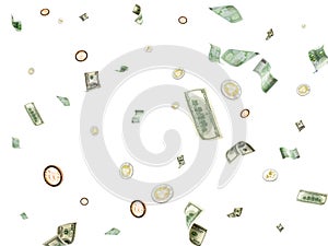 Euro coin flying banknotes. European, Washington American cash, Bitcoin on white. Us dollar money background