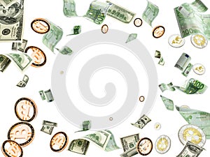 Euro coin flying banknotes. European, Washington American cash, Bitcoin on white. Us dollar money background