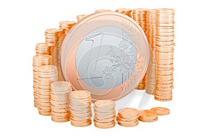 Euro coin with growing chart from gold coins around, 3D rendering