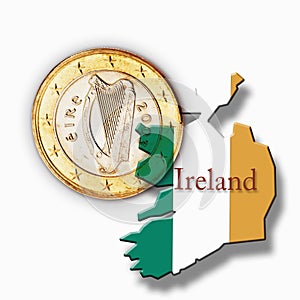 Euro coin and Irish flag against white background