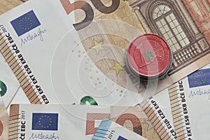 euro coin with national flag of morocco on the euro money banknotes background