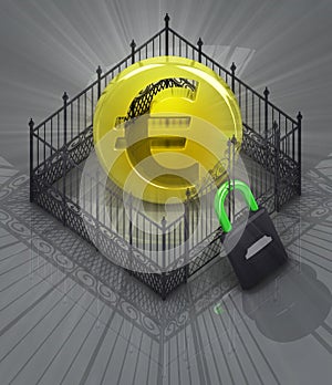 Euro coin in padlock locked fence concept