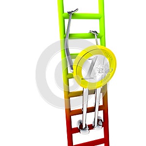 Euro coin robot climbs up on red green ladder illustration