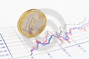 Euro coin standing on growth chart
