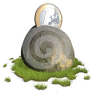 Euro coin sticking in stone photo