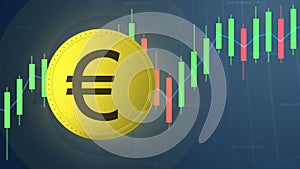 Euro coin symbol on yellow money with trading graphic concept of a business idea with blue background. Abstract golden euros on