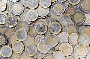 Euro coins background. European money. Flatlay top view.