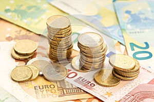 Euro coins and Bank notes. Money background