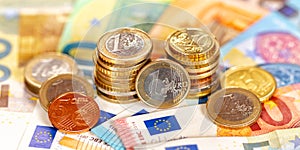 Euro coins banknotes bill saving money pay paying finances bank notes banknote banner