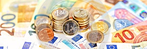 Euro coins banknotes bill saving money pay paying finances bank notes banknote panorama