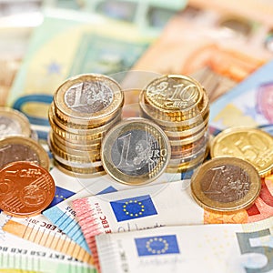 Euro coins banknotes bill saving money pay paying finances bank notes banknote square