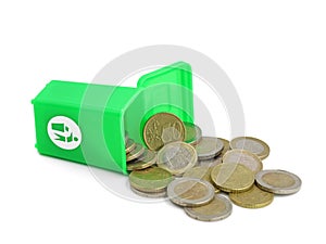 Euro coins in a green dust bin isolated on white background, concept of money wasting