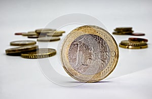 Euro coins isolated on white background. Selected focus