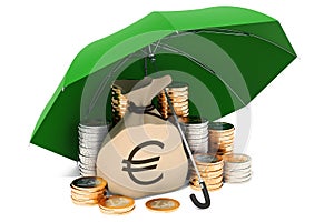 Euro coins and money bag with euro under umbrella. Financial ins