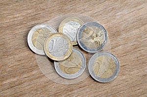 Euro coins in one euro and two euroe coins in Copenhagen