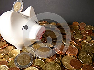 Euro coins and a piggybank