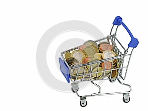 Euro coins in shopping cart isolated on white background with copy space