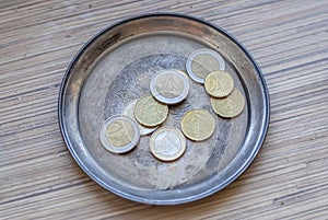 Euro coins on a silver plate photo