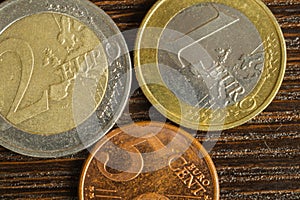 Euro coins on a wooden background. european money