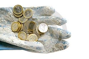 Euro currency coins over dirty gloves