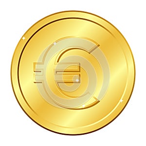 Euro currency gold coin. Vector illustration isolated on white background. Editable elements and glare.