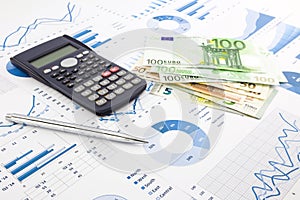Euro currency on graphs, financial planning and expense report b