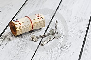 Euro currency money and a door key